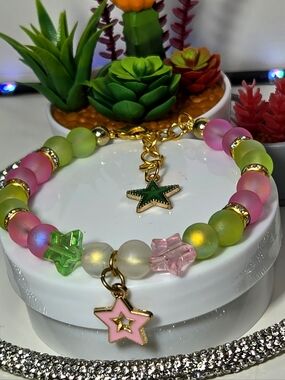 Pink & Green Star Crystal Aurora Glass Handmade Beaded Charm Bracelet